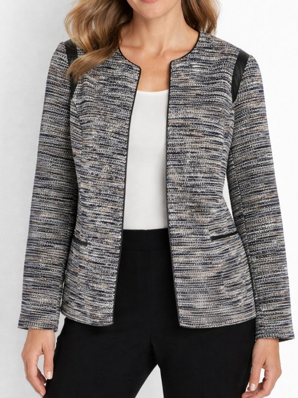 Alfred Dunner Blue Metallic Tweed Lined Faux Leather Trim Open 18W Jacket Blazer